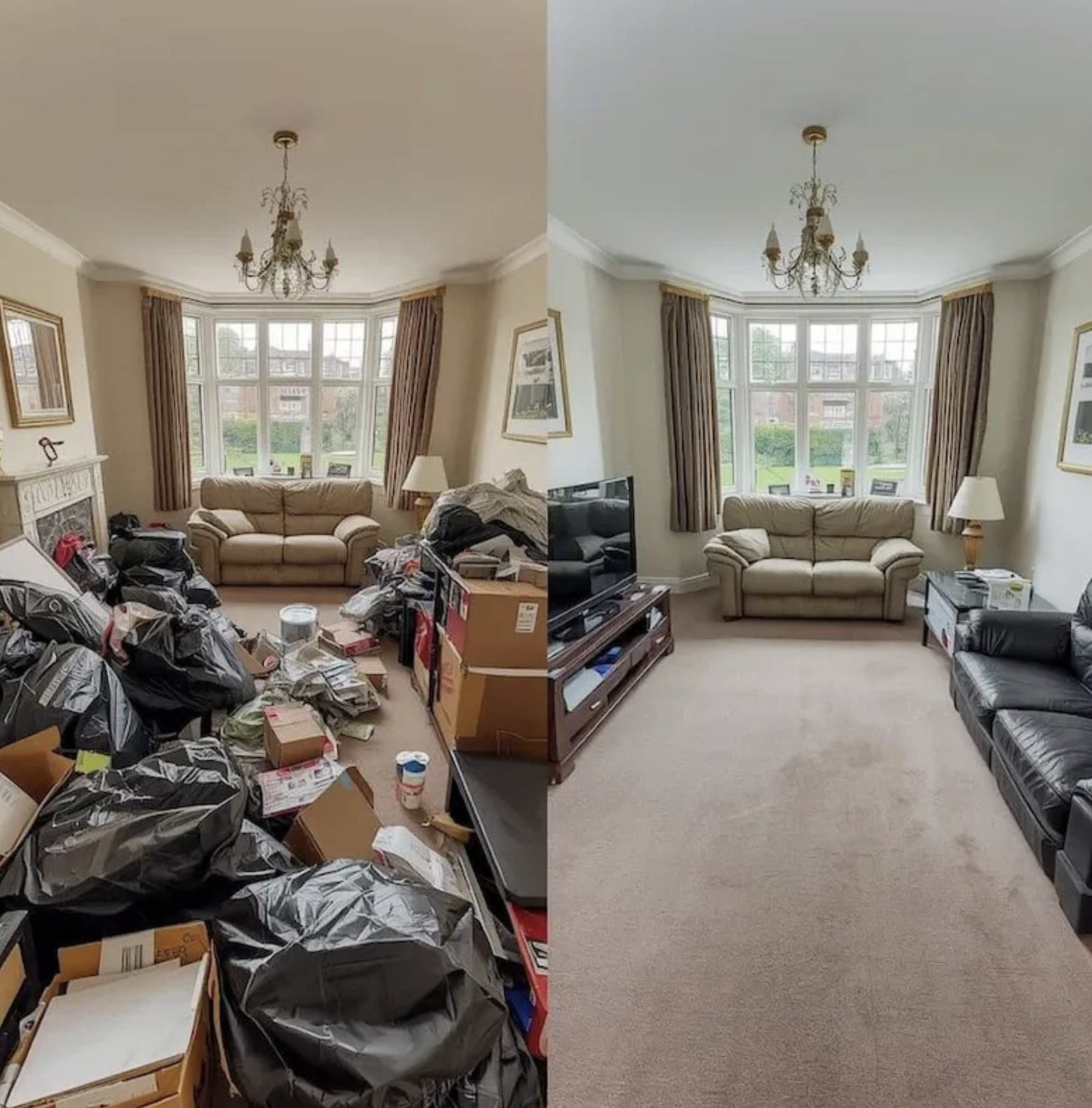 Residential living room before and after clearance